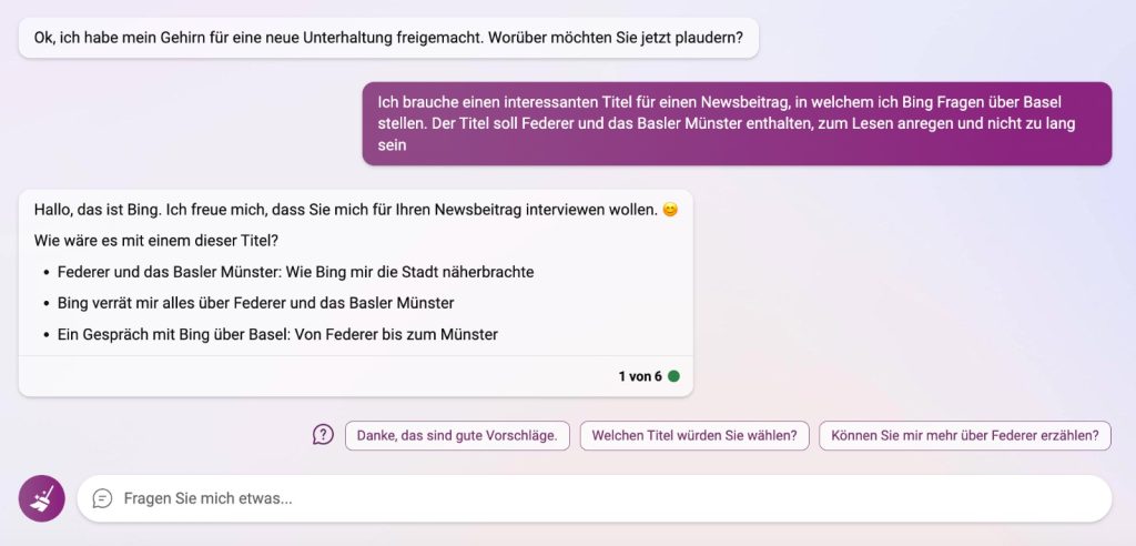 Ein «Gespräch» mit Bing über Basel: Von Federer bis zum Münster