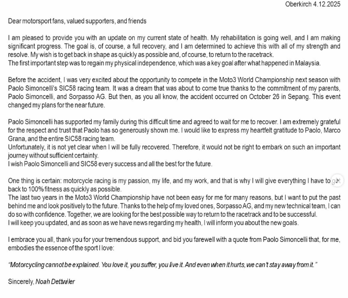 Neues Lebenszeichen: Noah Dettwiler verzichtet auf Fixplatz bei der Moto3-WM