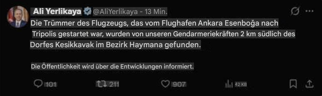 Flugzeug mit libyschem Generalstabschef Mohammed al-Haddad in der Türkei abgestürzt