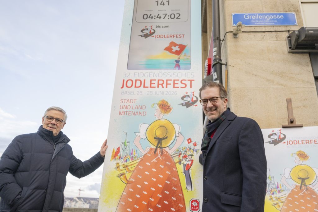 Countdown-Uhren für Eidgenössisches Jodlerfest in Basel aufgestellt